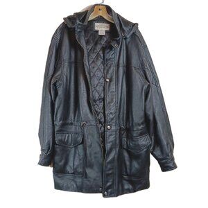 New York Classics Leather Jacket Women’s M Black Vtg 90s Y2K Hooded Parka Coat